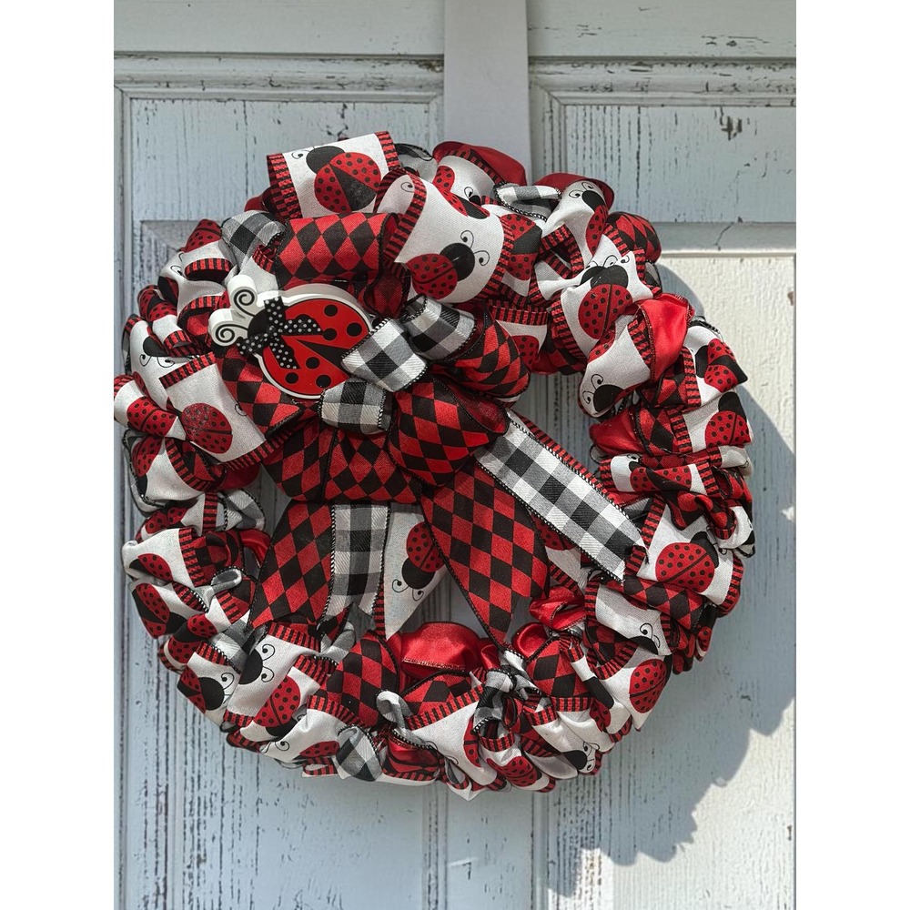 Handmade Ribbon Ladybug Wreath: Vibrant Red Black Decor